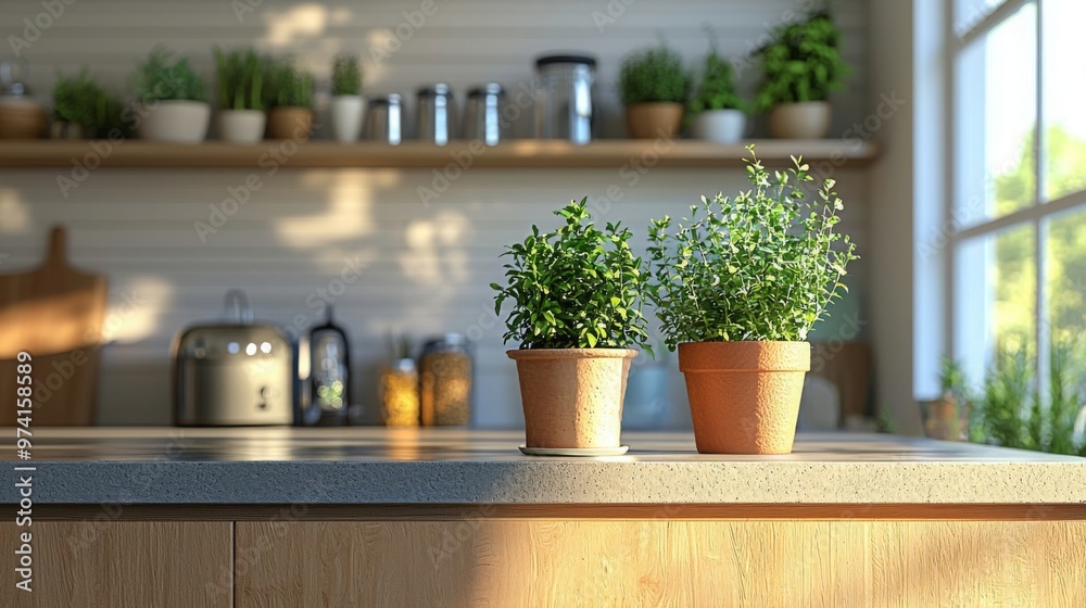 Modern kitchen design featuring potted plants near window for natural light and greenery
