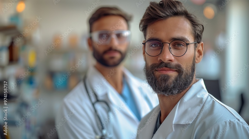 Two healthcare professionals in lab coats pose for a portrait in a modern medical facility during the daytime