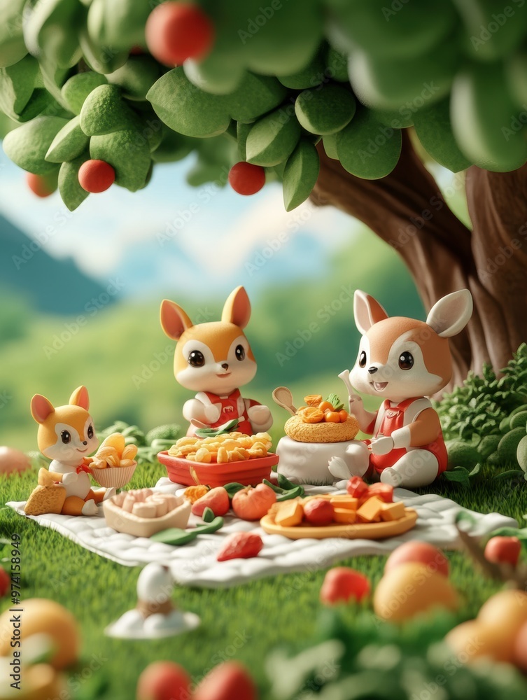 Obraz premium Pastel 3D clay-style animals enjoy a delightful picnic under a tree