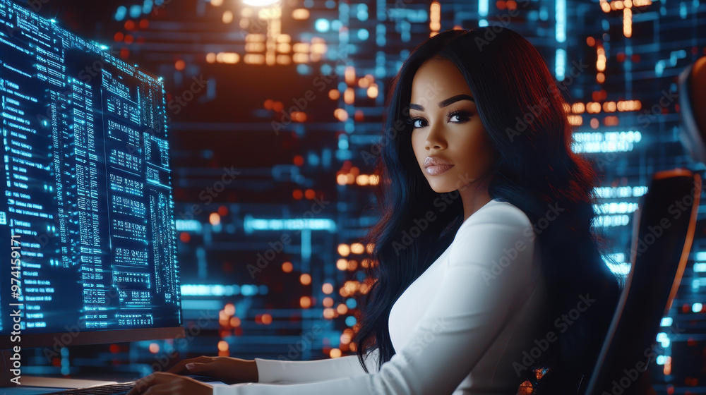 A focused businesswoman analyzes data on her computer in a cuttingedge office, surrounded by glowing code projections. A focused businesswoman analyzes data on her computer in a cuttingedge office, surrounded by glowing code projections.