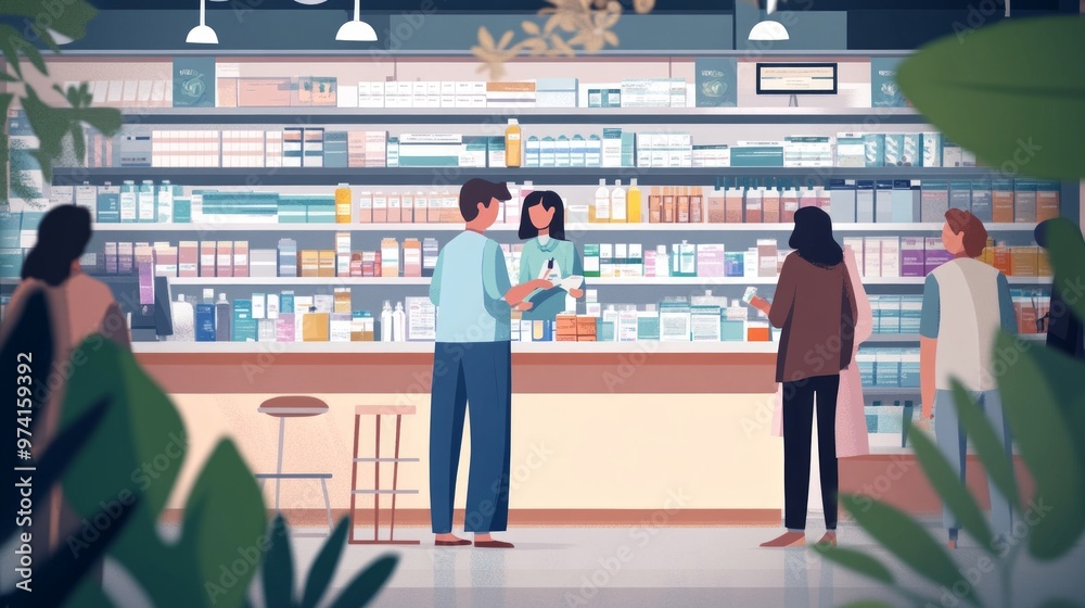A bright and inviting pharmacy scene with customers browsing products. A cheerful atmosphere encourages wellness and care. The modern design features organized shelves. AI A bright and inviting pharmacy scene with customers browsing products. A cheerful atmosphere encourages wellness and care. The modern design features organized shelves. AI