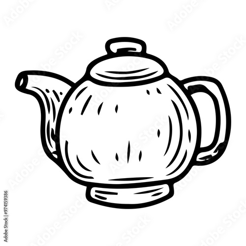 Ceramic teapot hand drawn doodle. Teaware for brewing tea. Tableware. Hot drink preparation device. Household kitchen equipment. Cooking tool. Vector sketch line art illustration.