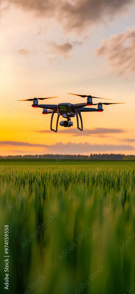 Drone flying over a field. Modern agriculture Drone flying over a field. Modern agriculture