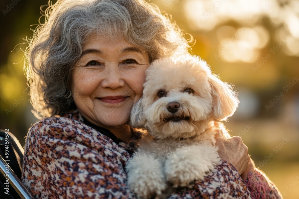 portrait of senior asian woman in wheelchair holding maltipoo dog in the park on walk