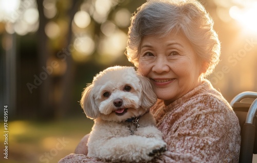 Close-up of senior asian woman in wheelchair holding maltipoo dog in the park on walk