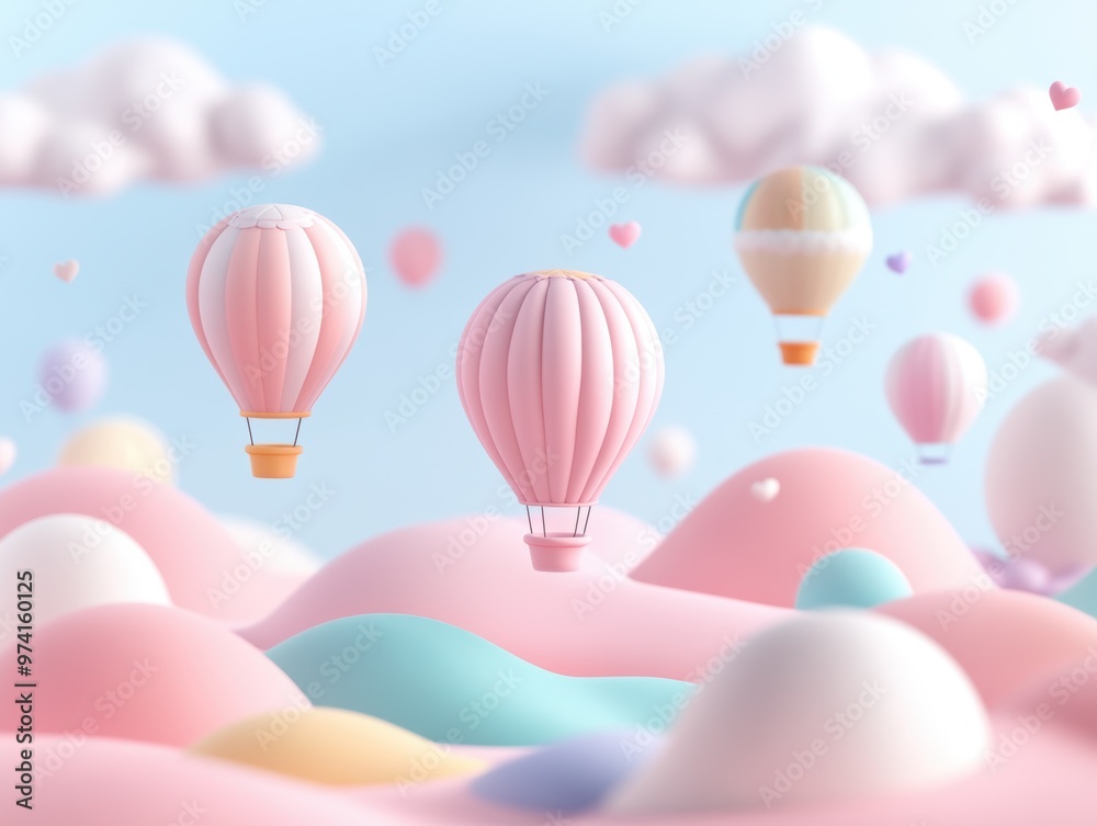Tiny pastel 3D clay-style hot air balloons drift gracefully over a pastel landscape featuring rolling hills.