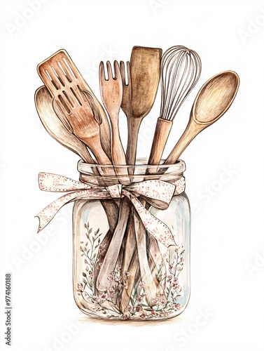 Rustic Kitchen Utensils in Glass Jar