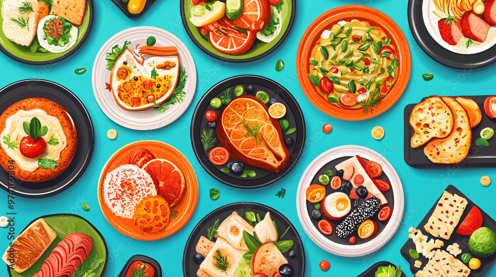 Top View of Delicious Food Plates with Blue Background Top View of Delicious Food Plates with Blue Background