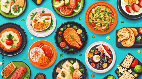 Top View of Delicious Food Plates with Blue Background