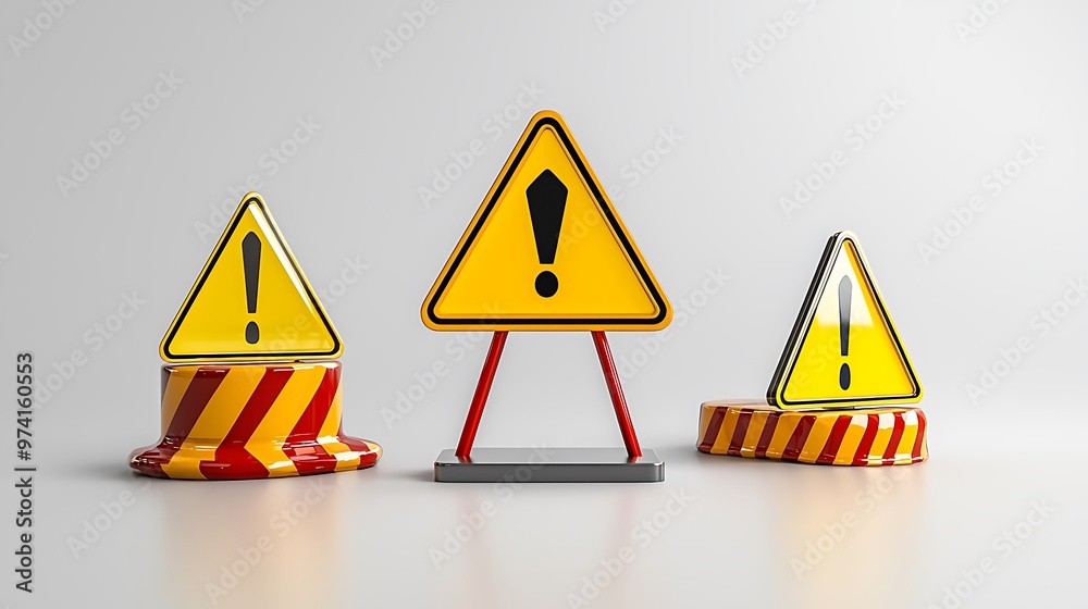 © Raitalinn - Yellow warning triangle signs with red and yellow stripes stand on a white background, signaling caution. © Raitalinn - Yellow warning triangle signs with red and yellow stripes stand on a white background, signaling caution.