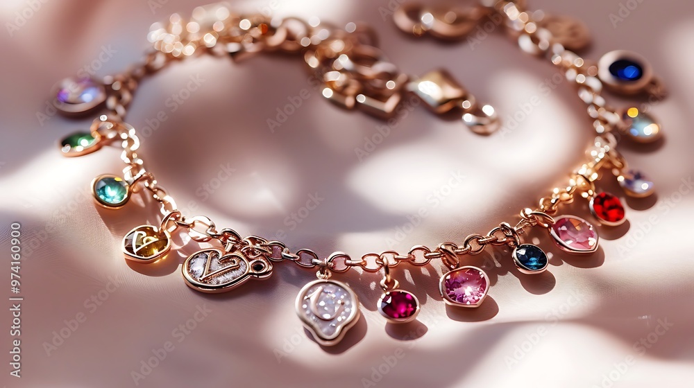 Gold Chain Bracelet with Colorful Gemstones on Pink Fabric Gold Chain Bracelet with Colorful Gemstones on Pink Fabric