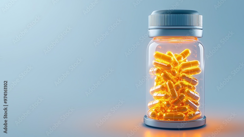 Glowing yellow capsules are enclosed in a glass bottle, symbolizing health, medicine, and supplements. Glowing yellow capsules are enclosed in a glass bottle, symbolizing health, medicine, and supplements.