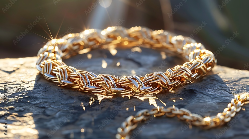 Gold Chain on Stone Surface with Sun Glare Gold Chain on Stone Surface with Sun Glare