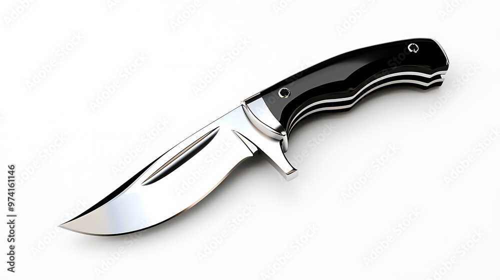 A sharp hunting knife with a sleek black handle stands out against a white background, ready for action. A sharp hunting knife with a sleek black handle stands out against a white background, ready for action.