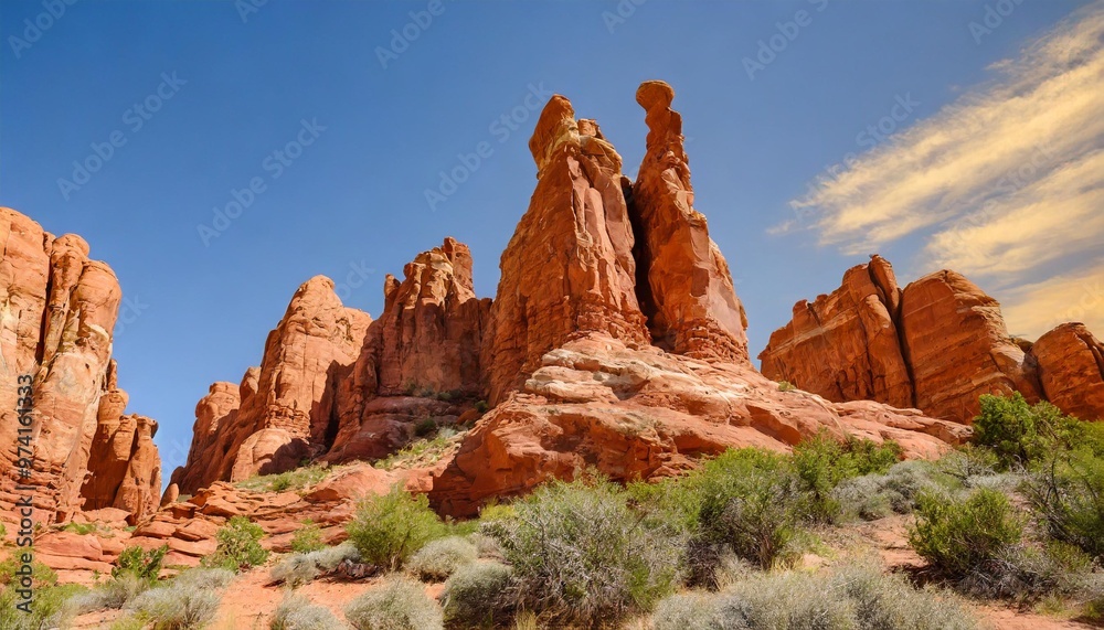 Towering Red Rock Formations Against a Cloudless Blue Sky, a Desert Paradise Towering Red Rock Formations Against a Cloudless Blue Sky, a Desert Paradise