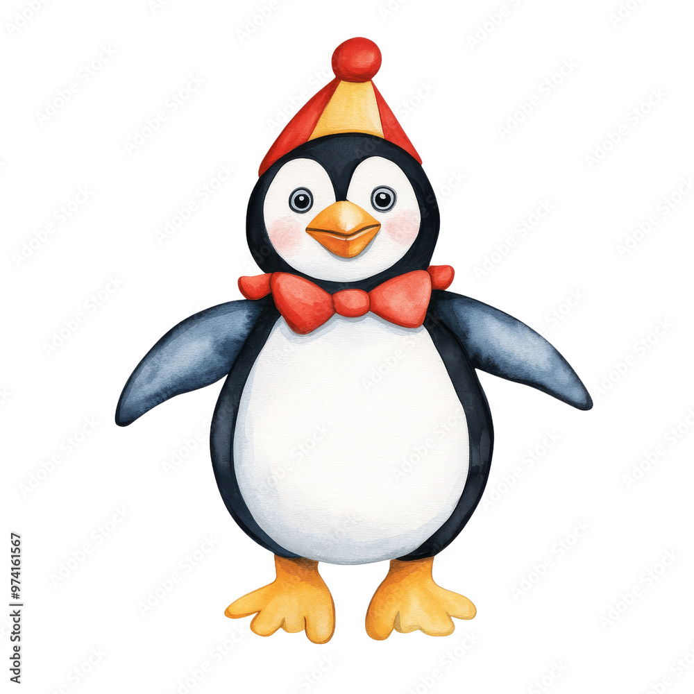 Fototapeta premium A cute cartoon penguin wearing a festive hat and bow tie, perfect for children's themes and winter celebrations.