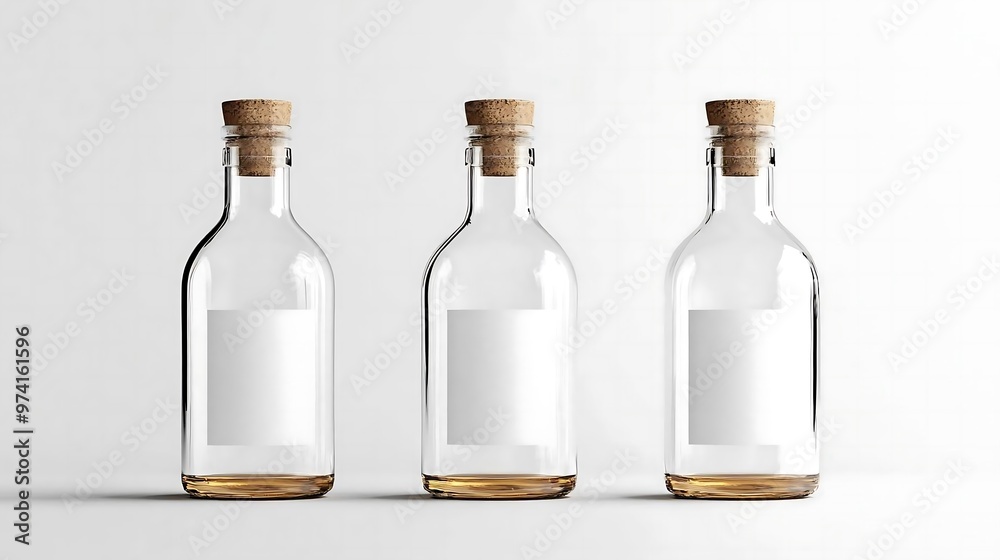Three Glass Bottles with Cork Stoppers and Blank Labels on White Background