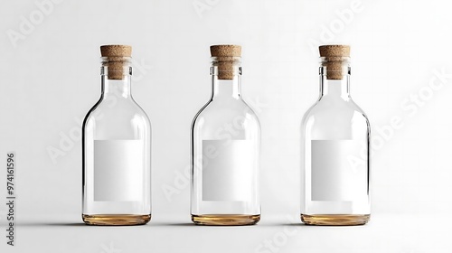 Three Glass Bottles with Cork Stoppers and Blank Labels on White Background