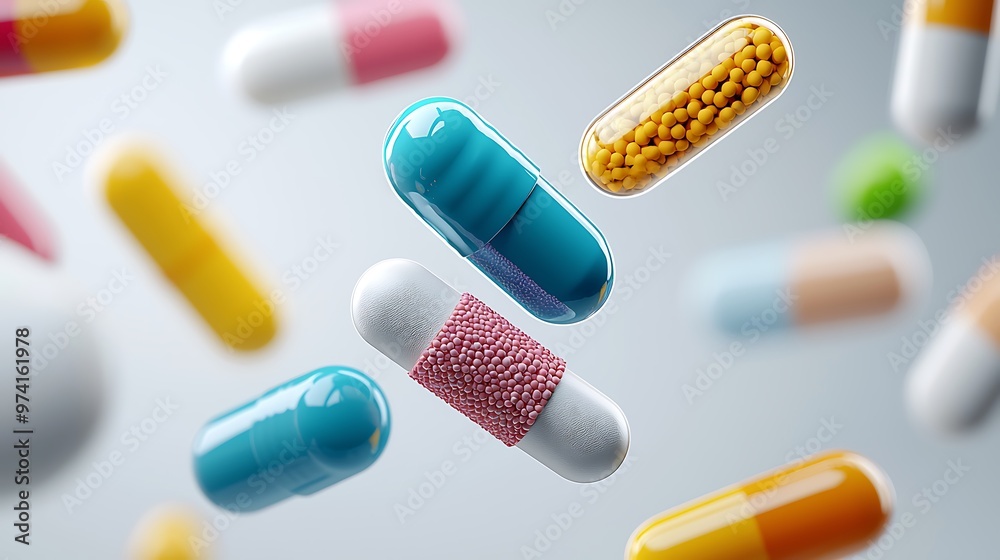 Colorful pills fall against a white background, creating a striking visual of healthcare diversity. Colorful pills fall against a white background, creating a striking visual of healthcare diversity.