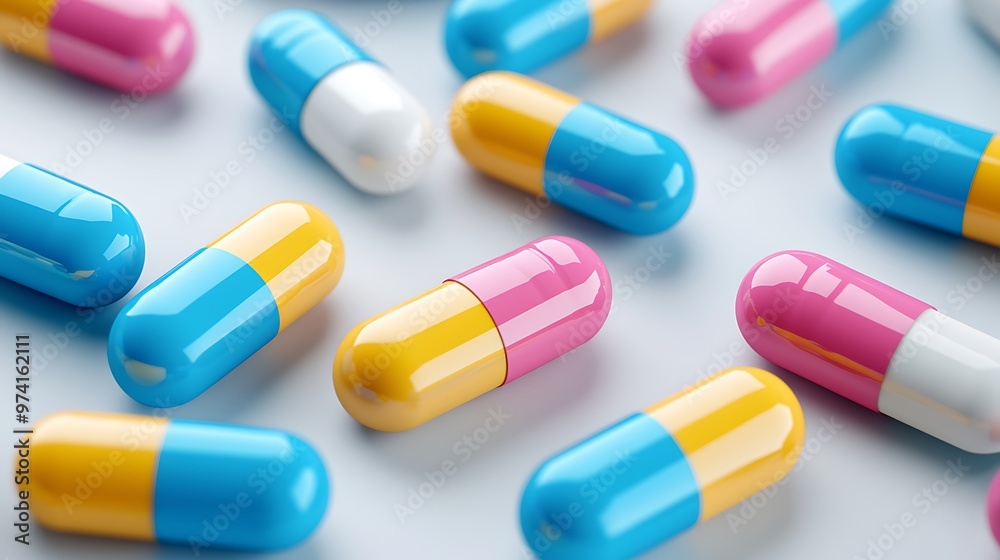 Closeup of colorful blue, yellow, and pink capsules, highlighting the beauty of modern medicine. Closeup of colorful blue, yellow, and pink capsules, highlighting the beauty of modern medicine.