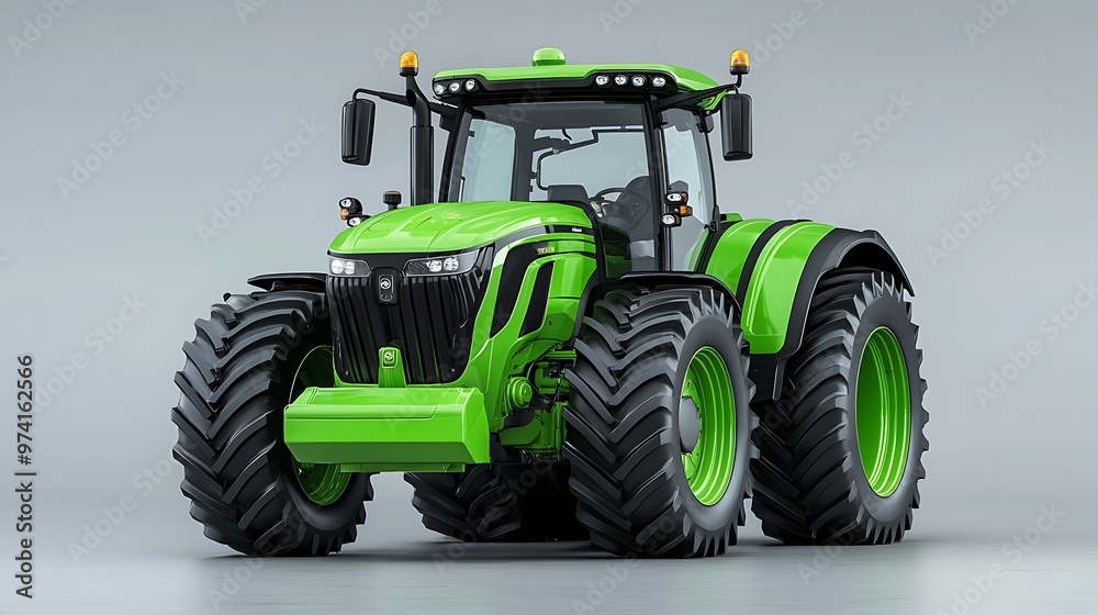Obraz premium A modern green tractor with large tires rolls through a field, ready for a day of work.
