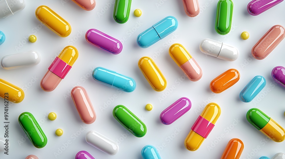 Colorful capsules scatter across the scene, highlighting the vibrancy and variety of pharmaceutical medicine. Colorful capsules scatter across the scene, highlighting the vibrancy and variety of pharmaceutical medicine.