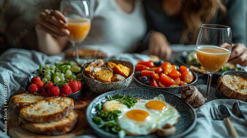 Delicious Breakfast with Sunny Side Up Eggs Toast Fruit Salad and Wine Delicious Breakfast with Sunny Side Up Eggs Toast Fruit Salad and Wine