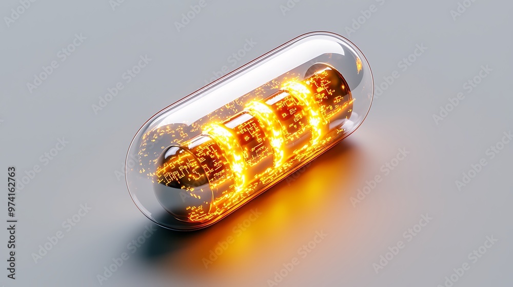 Fototapeta premium A capsule with a glowing circuit board inside merges medicine and technology, representing futuristic healthcare.