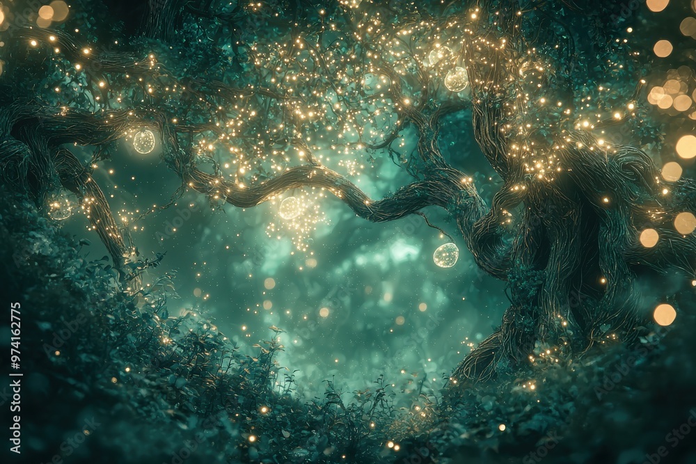 Obraz premium Enchanting underwater scene with shimmering light and bubbles, evoking a magical, dreamlike atmosphere