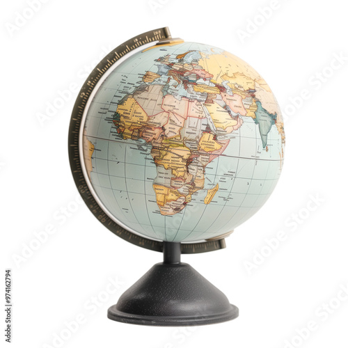 The globe showcases geographical features of continents and countries, creating a learning tool #974162794