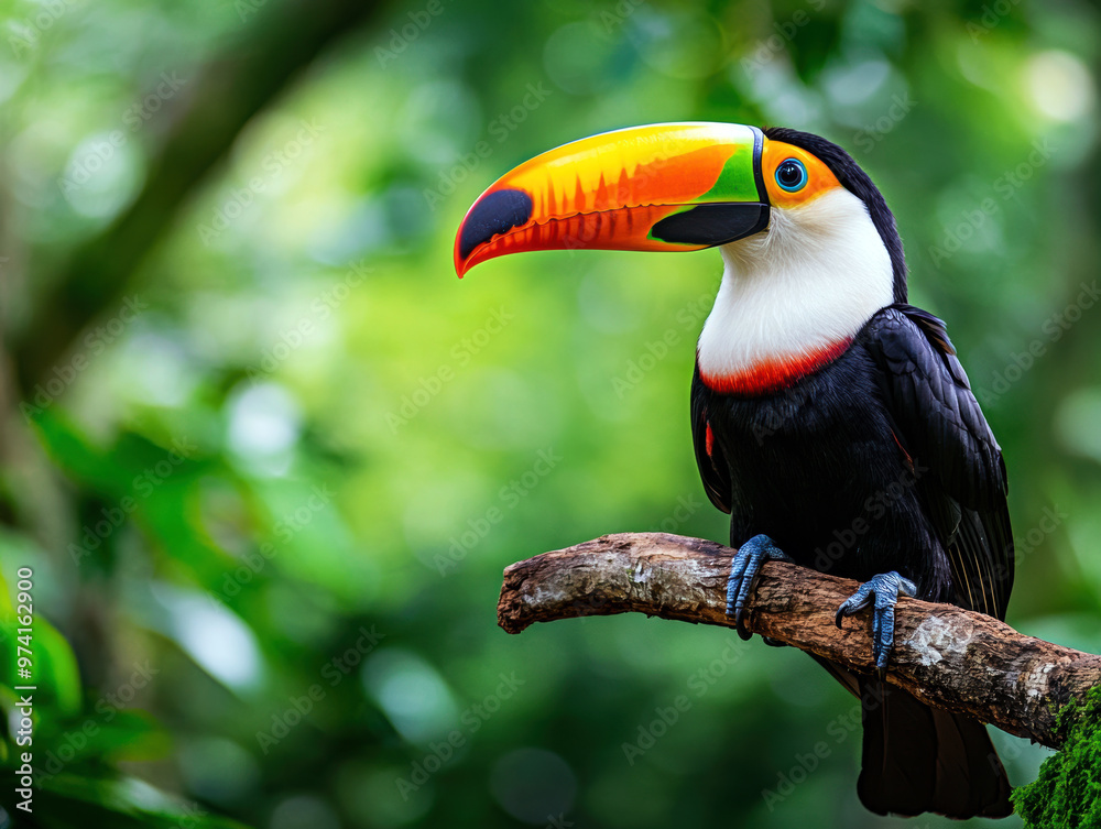 Obraz premium A colorful bird with a long beak is perched on a branch. The bird is surrounded by lush green foliage, creating a serene and peaceful atmosphere