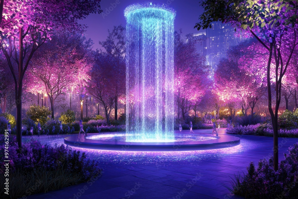 Enchanting nighttime scene with glowing fountain and cherry blossom trees in a fantasy landscape Enchanting nighttime scene with glowing fountain and cherry blossom trees in a fantasy landscape