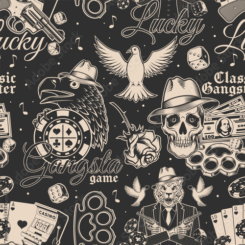 Gangster seamless pattern. Vector illustration. Vintage monochrome label, sticker, patch with gangster, submachine gun and tiger gangster skull silhouettes.