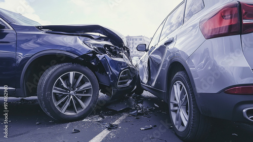 The car accident scene, with both vehicles damaged to varying degrees and debris scattered across the road, highlights the importance of having car insurance.