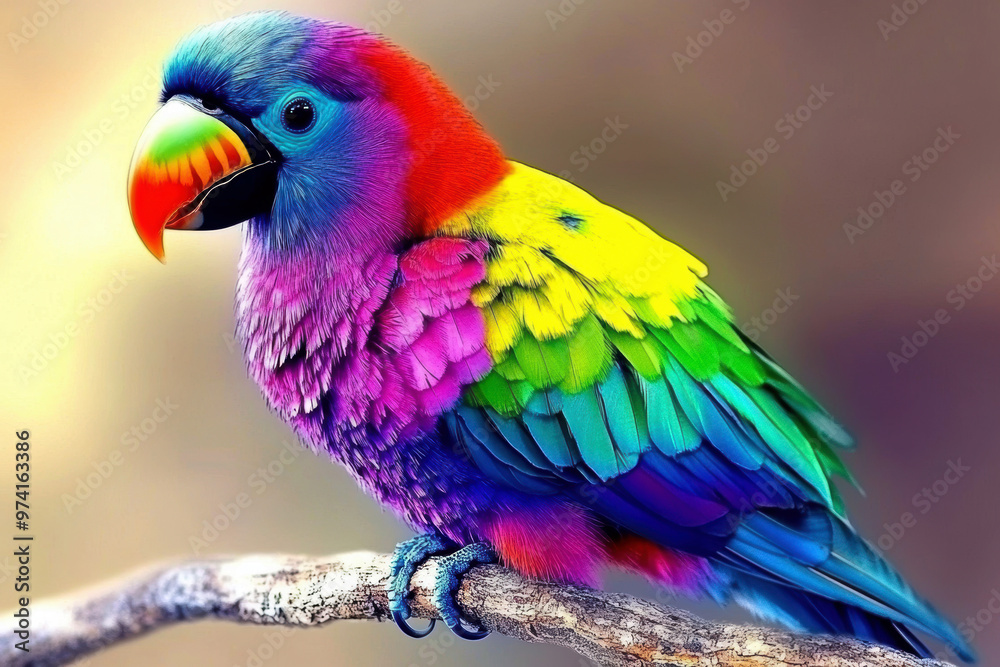Obraz premium A colorful parrot perched on a branch. The bird is multicolored and has a bright, cheerful appearance