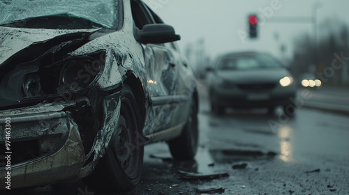 The car accident scene, with both vehicles damaged to varying degrees and debris scattered across the road, highlights the importance of having car insurance.