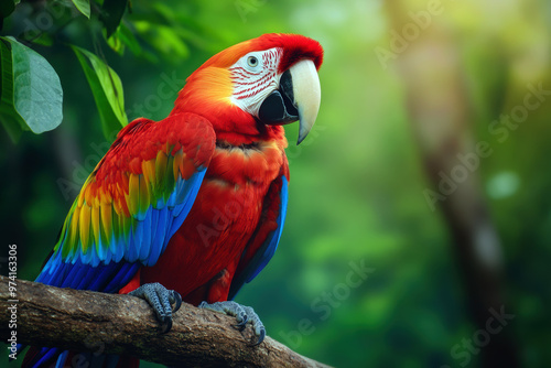 A colorful parrot is perched on a tree branch. The bird is red, blue, and green, and it is looking at the camera. The scene is bright and lively