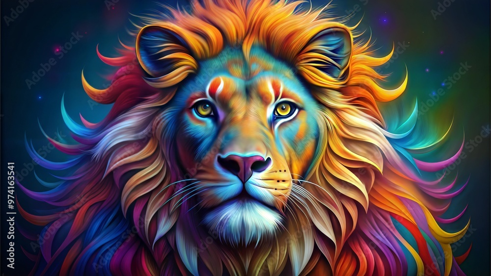 Vibrant rainbow lion with bold mane, colorful digital art for t-shirt print
Vibrant rainbow lion with bold mane, colorful digital art for t-shirt print