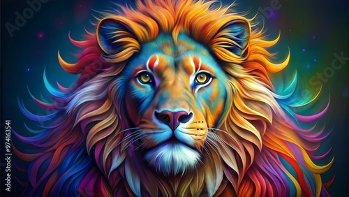 Vibrant rainbow lion with bold mane, colorful digital art for t-shirt print