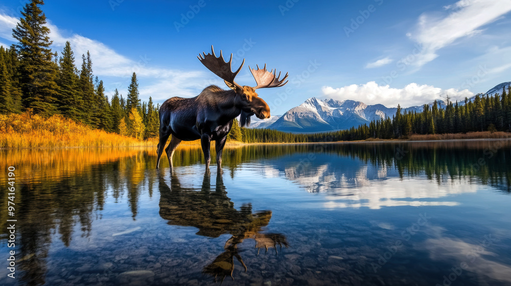 A large moose stands in front of a lake. The lake is calm and the sky is clear A large moose stands in front of a lake. The lake is calm and the sky is clear