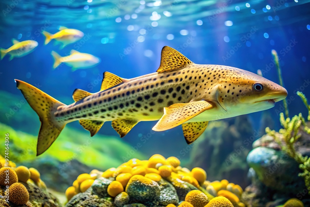 A vibrant yellow and black striped zebra shark swims in a well-lit aquarium display, its fins and tail elegantly flowing, awaiting purchase at a pet store. A vibrant yellow and black striped zebra shark swims in a well-lit aquarium display, its fins and tail elegantly flowing, awaiting purchase at a pet store.
