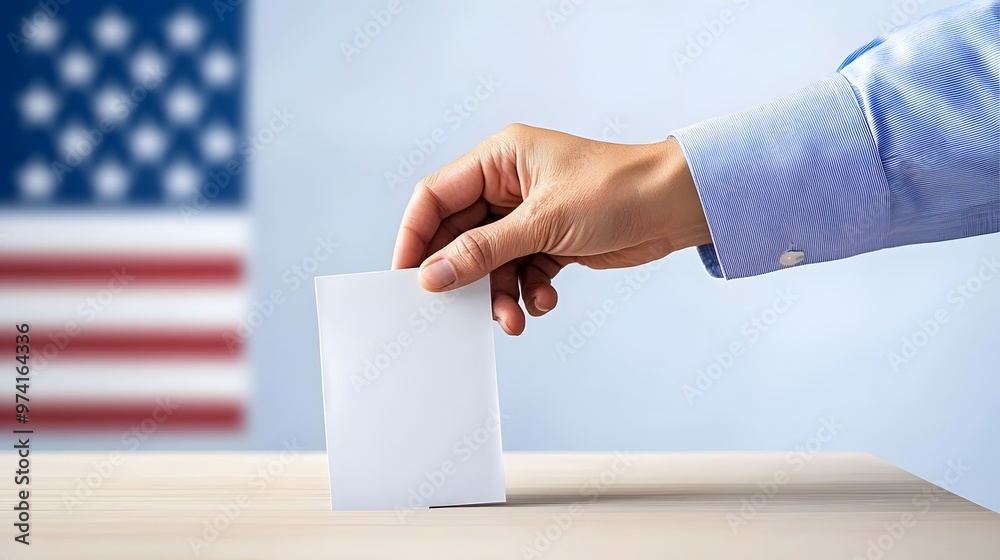 A hand placing a blank ballot into a voting box against a backdrop of the American flag, symbolizing democracy and participation. A hand placing a blank ballot into a voting box against a backdrop of the American flag, symbolizing democracy and participation.