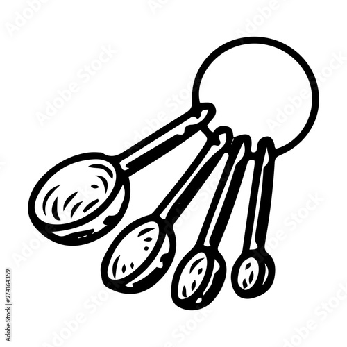 Measuring spoons hand drawn doodle. Device for measuring the mass of an ingredient. Tableware. Kitchenware. Household kitchen appliance. Vector sketch line art illustration.