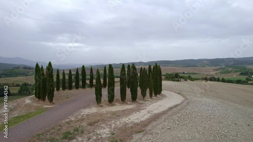 Siena 2024. Aerial view of the famous Cipressi Ring, a small tree-lined circle very famous because it is present in many films. September 2024, Tuscany, Italy