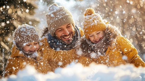 Happy Family Enjoying Winter Snowfall