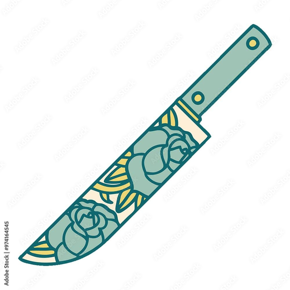 iconic tattoo style image of a dagger and flowers iconic tattoo style image of a dagger and flowers