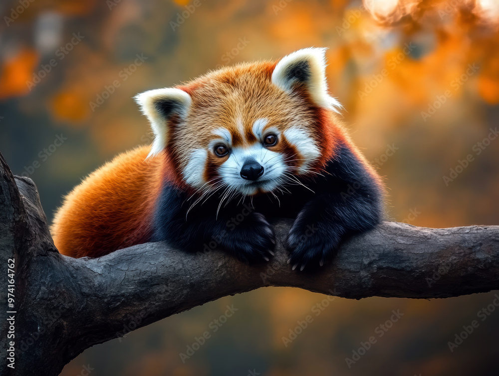 Obraz premium A red panda bear is sitting on a tree branch. The bear is looking at the camera with a curious expression