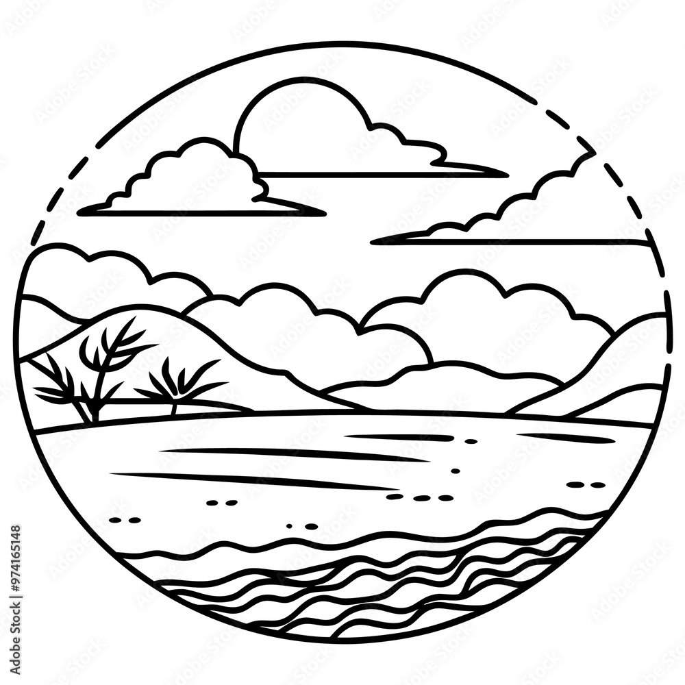 sea landscape outline coloring book page line art drawing sea landscape outline coloring book page line art drawing