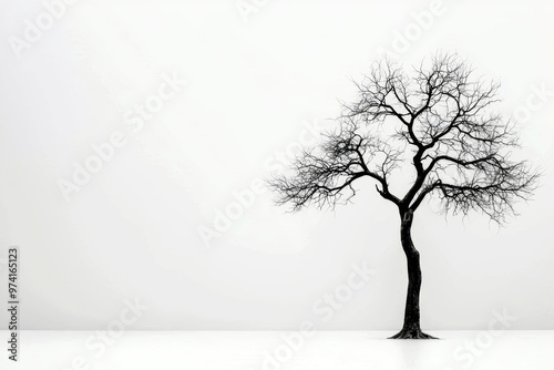 A tree stands alone in a field of white. The tree is bare and has no leaves. The sky is clear and the sun is shining brightly. The scene is peaceful and serene, with the tree as the focal point photo