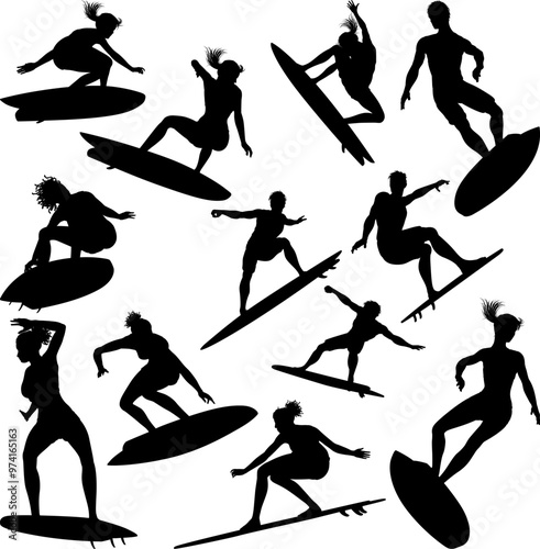 Surfer surfboard boarding male and female surfers surfing silhouette outlines. Men and women surf set design concept.